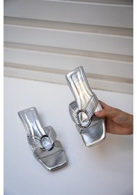 Resim Rosso Halka Detaylı 4cm Özel Topuklu Kadın Terlik Silver Gümüş 