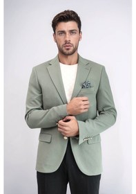 Resim Haki Yeşil Kendinden Desenli Örme Altın Renk Metal Düğmeli Slim Fit Erkek Blazer Ceket - Wessi Green 
