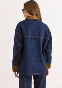 Resim Olalook Kadın Lacivert Yaka Manşet Kadife Detaylı Oversize Denim Ceket CKT-19000502 