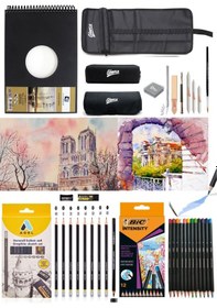 Resim Alex Schoeller A5 300 Gr Adel Dereceli Kalem Seti 8'li Bic Aquarelle Kuru-suluboya Kalemi 12 Renk 