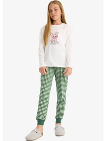 Resim Defacto Kız Çocuk Pijama Takımı Baskılı Uzun Kollu Üst Kareli Uzun Alt F1083a825auer105 Ekru 
