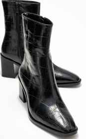 Resim Chara Siyah Baskı Kadın Kalın Topuklu Bot Siyah Kroko 