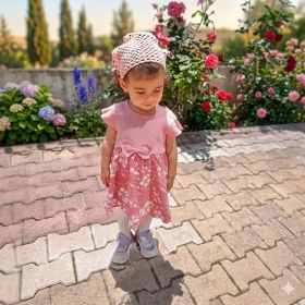 Resim Uhel Kız Çocuk El Örgüsü Boncuklu Bandana - Pembe Kroşe Eşarp ve Saç Aksesuarı 