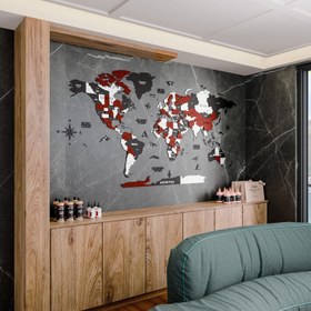 Resim 3D Ahşap Dünya Haritası Çok Katmanlı (Bordo-Krem-Siyah Tonlar) - 250x135 cm / Arapça 