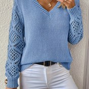 Resim Kadın Şık V Yaka Kazak - Düz Yeşil Kedi Kulak Detaylı, Yumuşak Yuvarlak Yaka, Tüm Sezon Katmanlama Esaslı 