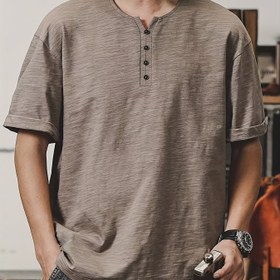 Resim Erkekler için Rahat Gevşek Kesim Kısa Kollu Henley Gömlek - Düz Renk Nefes Alabilen Kumaş, Yazlık Dış Mekan ve Günlük Giyim için Makinede Yıkanabilir Yuvarlak Yaka Tişört, Yazlık Günlük Giysi | Yuvarlak Boyun | Dayanıklı Dikiş 