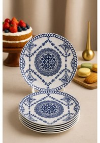Resim Grandora Mavi Beyaz Çini Desenli 6'lı Pasta Tabağı Seti 20 Cm - Pasta Ve Tatlı Tabak Vintage Sunum Tabağı Lacivert-beyaz 