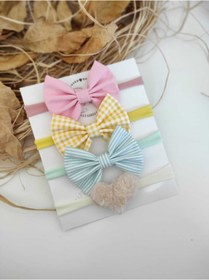 Resim Kız Bebek Dörtlü Bandana Seti Pembe-Sarı Kareli-Mint-Kalp 