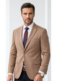 Resim Plus Scorpion Erkek Slim Fit Çift Düğme Çift Yırtmaçlı Blazer Ceket Premium Dokulu Kumaş Taba 