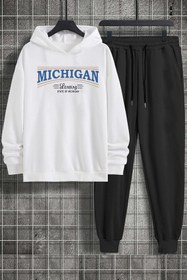 Resim uyguntarz Unisex Beyaz Kapuşonlu Michigan Baskılı Eşofman Takımı 