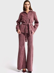 Resim Kadın Gül Kurusu 6s6-98 Oversize Kemer Detaylı Kumaş Özellikli Tasarım Denim Ceket - Bordo / 36 