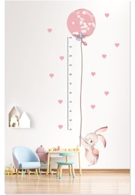 Resim Sevimli Balonlu Pembe Tavşan Boy Ölçer Çocuk Odası Duvar Sticker - 70x42 cm / Renkli / Boy Ölçer 