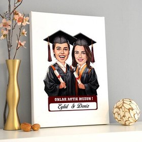 Resim Karikatürlü Üniversiteli İki Kız Arkadaş Mezuniyet Kanvas Tablo 