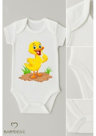 Resim Babyden's %100 Pamuklu Sevimli Hayvan Figürlü Bebek Body Unisex Çıtçıtlı Kısa Kollu Zıbın Ördek Beyaz 