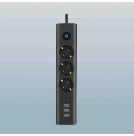 Resim Siyah 3'lü Priz Akım Korumalı Isıya Dayanıklı Çocuk Kilitli Tasarım 3 USB Girişli 1 Type-C Girişli 