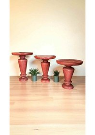 Resim Maun Renk Ahşap Mantar Sehpa Seti 3 Lü Dekoratif Yan Sehpa Takımı - Zigon Sehpa Seti Maun 