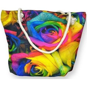 Resim Kadın Çok Amaçlı Büyük Boy İçi Astarlı Fermuarlı Çok Renkli Gül Desenli Örgülü Yumuşak Saplı Deniz Plaj El Ve Omuz Çantası Çok Renkli 