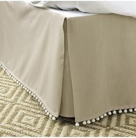 Resim Bej Renk Keten Baza Eteği Beyaz Ponponlu Yırtmaçlı Bej Çift Kişilik 180 X 200 