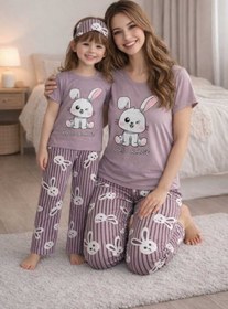 Resim zahider anne kız pamuklu yumuşacık kısa kollu yazlık pijama takımı 