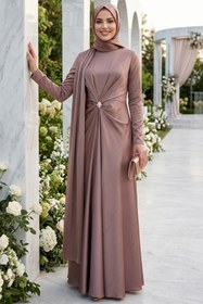 Resim N.S NEVA STYLE Pelerinli Vizon Tesettür Saten Abiye Elbise 53862V 