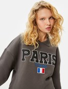 Resim Şardonlu Gömlek Yaka Sweatshirt Paris Baskılı İşlemeli Uzun Kollu Pamuklu 