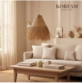 Resim Krem Hasır El Yapımı Doğal Rafya Saçaklı Bohem Avize Çok Renkli 