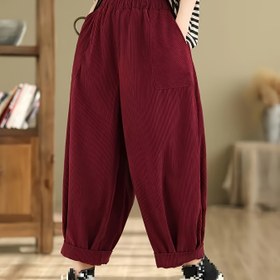 Resim Kadınlar İçin Bordo Renkli Elastik Bel ve Çift Cep Detaylı Kord Harem Pantolon - Makinede Yıkanabilir, Her Mevsim Rahat Giyim 