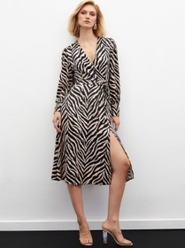 Resim Sateen Zebra Desenli Kuşaklı Saten Elbise - Siyah 