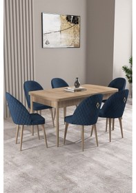 Resim Milas Meşe Desen 80x132 Mdf Açılabilir Yemek Masası Takımı 6 Adet Sandalye Lacivert 
