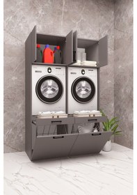 Resim Mdf Çamaşır Makinesi Ve Kurutma Makinesi Dolabı Çift Sepetli Antrasit 