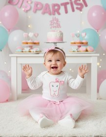 Resim Petite Ponpon Baby Kız Bebek Doğum Günü Parti Kıyafeti Tütü Etek Diş Buğdayı 