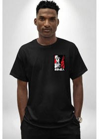 Resim Anime Manga Style Attack On Titan Siyah Oversize Unisex Ön Sol Yan Minimal Baskılı Tişört Koyu Siyah 