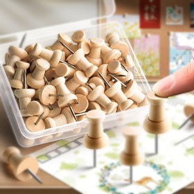 Resim 50'li Paket Doğal Ahşap İtme Pimler, Büyük Baş, Kork Tahtası, Bildiri Tahtası, Mesaj Tahtası ve El Sanatları Projeleri için 