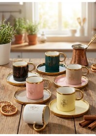 Resim 6 Lı Gold Detaylı Porselen Türk Kahvesi Fincan Takımı Pastel Renkli, Çiçek Desenli Fincanı Seti Çok Renkli 