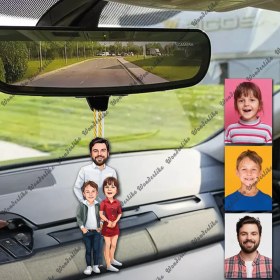 Resim Baba ve Çoçuklar Tasarımlı Ahşap Araba Dikiz Ayna Süsü 