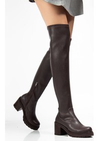 Resim 767-3010 Kahve Streç Günlük Kalın Topuklu Kadın Çizme Kahverengi 