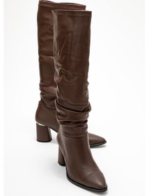 Resim 120 Kahve Cilt Körüklü Kadın Kalın Topuklu Çizme Kahve Rengi 