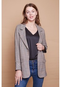 Resim Ekoseli Yakalı Kolu Katlamalı Cep Kapaklı Boyfriend Hafif Likralı Kumaş Blazer Ceket-hardal Ekose Hardal Eks. 