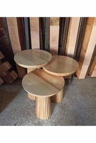 Resim Simillo Home&Living Naturel Masif Ahşap Sehpa Seti – Mantar Tasarım 3’lü Zigon ve Fiskos Sehpa - Dekoratif Çiçeklik 