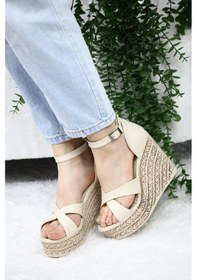 Resim Asmi Shoes Kadın Çapraz Bantlı Dolgu Topuklu 11cm Ayakkabı Rahat Yüksek Topuklu 700 Krem Krem 