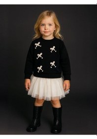 Resim Kız Çocuk Fiyonk İşlemeli Sweatshirt-16134 Siyah 