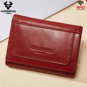 Resim Kadınlar için HUMERPAUL Gerçek Deri RFID Engelleme Cüzdanı - Şık Kırmızı Üç Katlı Tasarım, Çoklu Kart Yuvaları, Çıtçıt Kapatma & Fermuarlı Cep, Kompakt & Taşınabilir, Küçük Çanta ve Cüzdan Kombinasyonu 