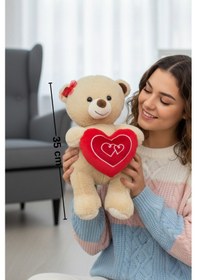 Resim Kırmızı Tokalı Sevimli Yumuşacık 35 Cm Kalpli Peluş Ayıcık Uyku Arkadaşı Hediyelik Çok Renkli 