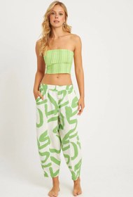 Resim Cool & Sexy Kadın Ekru-Yeşil Desenli Keten Şalvar Pantolon K1253 
