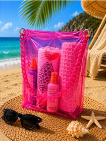 Resim Fulian PINK GLOW - Küçük Boy Transparan Plastik Zincir Askılı Plaj Çantası - Şeffaf Yazlık Omuz Çantası 