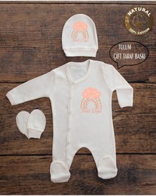 Resim yzc home size dair... K60 T Ekru Renk Isme Özel Isimli Baskılı Bebek Tulum Şapka Eldiven Set Hastane Çıkışı 