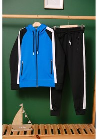 Resim Unisex Şerit Detaylı Kapüşonlu Çocuk Eşofman Takımı Mavi 