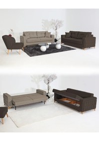 Resim Nola Koltuk Takımı 3+3+1+1 & Bazalı Yataklı Koltuk & Kanepe - Keten Koyu Kahverengi-latte 