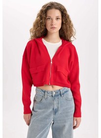Resim DeFacto Regular Fit Kapüşonlu Basic Düz Fermuarlı Triko Hırka E2270AXNSRD335 Kırmızı 