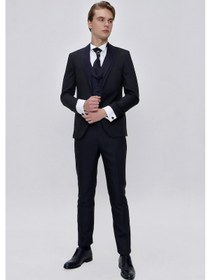 Resim Morven Erkek Lacivert Santos Çıkma Yaka Slim Fit Damatlık Lacivert 